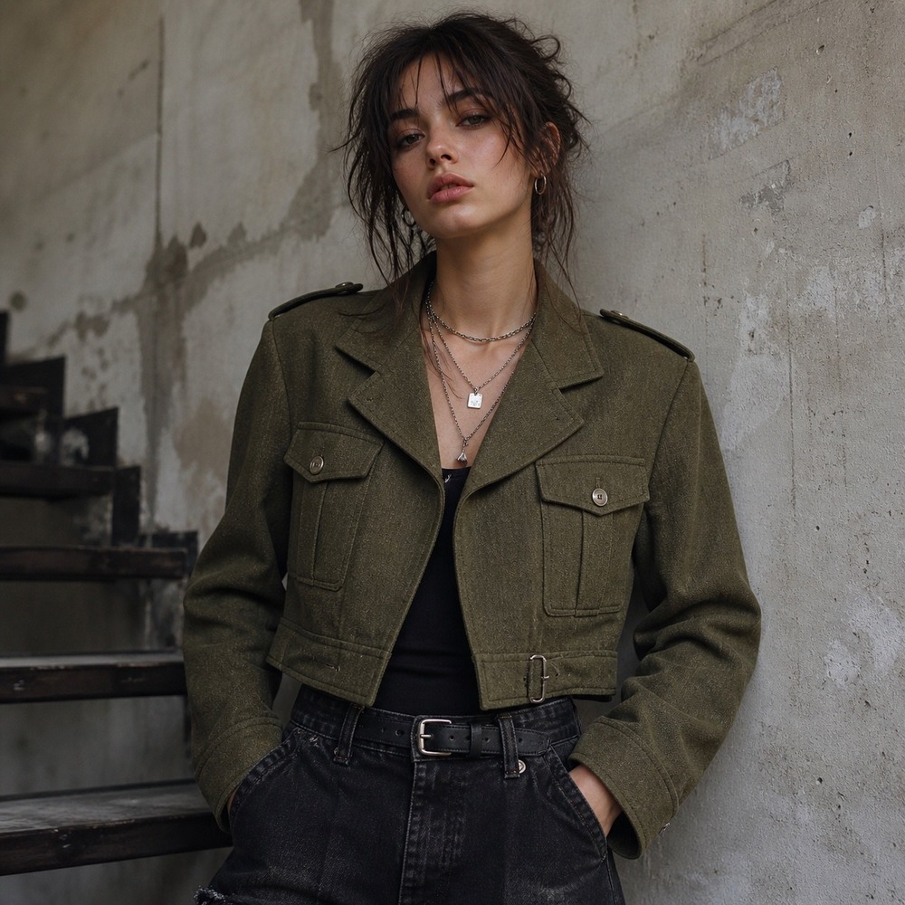 Hæren Vintage Military Surplus Cropped Field Jacket Olive Green Utility Blazer